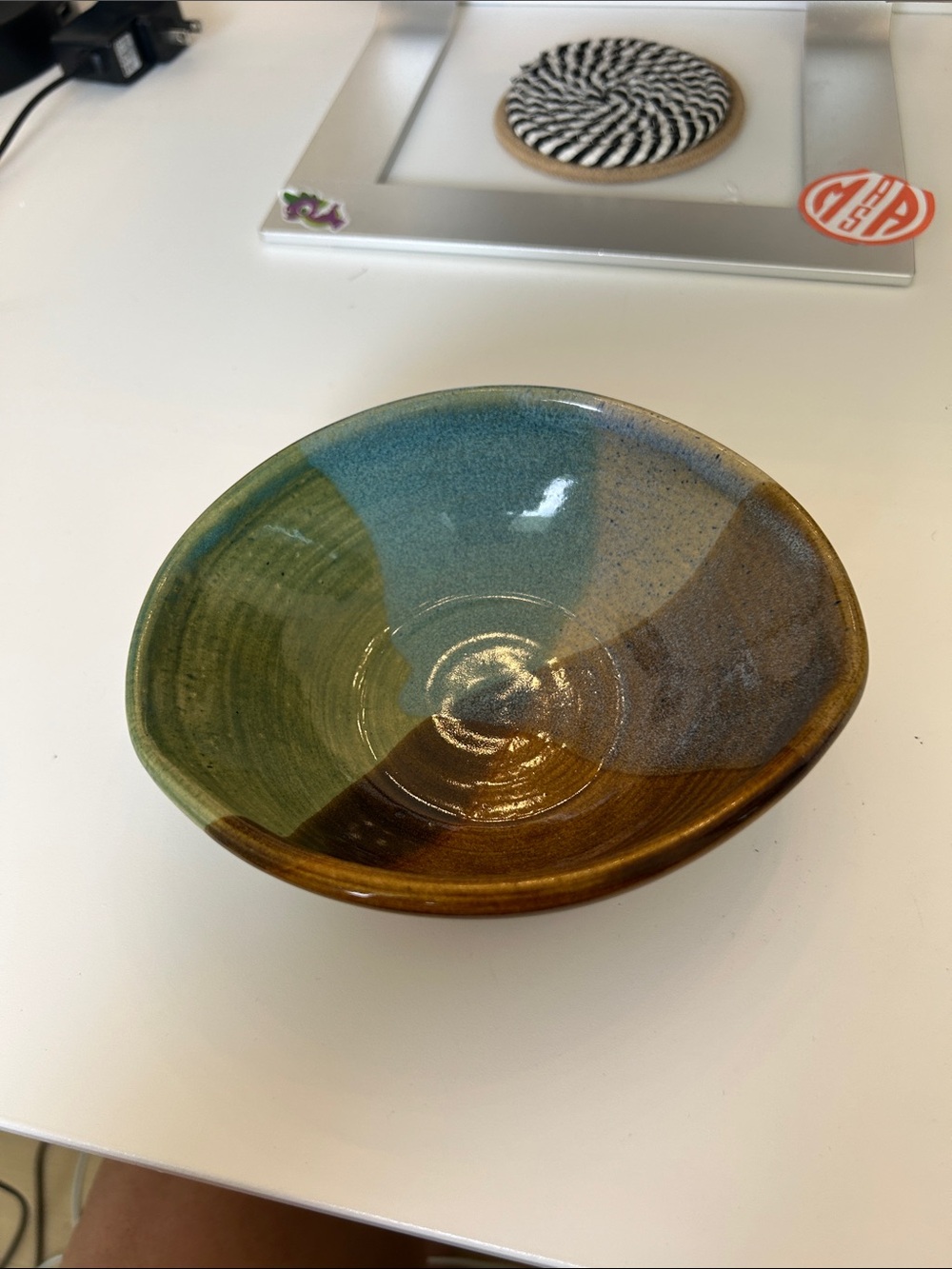 Studio Pottery Artisan Tri-Glaze Ceramic Bowl - Green, Blue & Brown